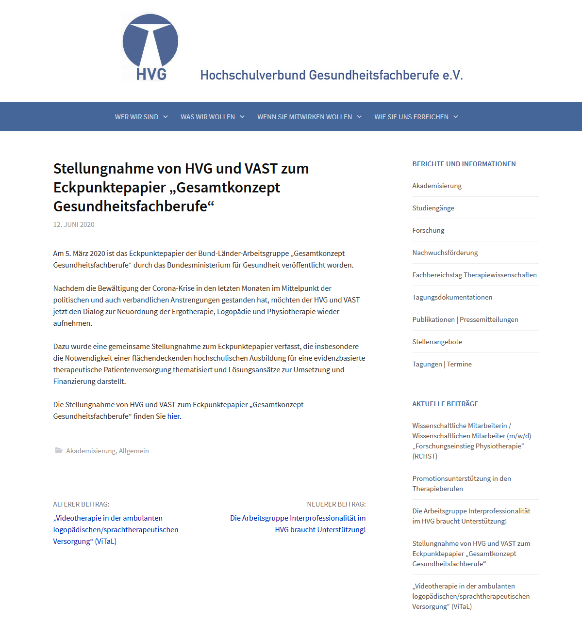 HVG und VAST veröffentlichen Stellungnahme zum Eckpunktepapier der Bund-Länder AG „Gesamtkonzept Gesundheitsfachberufe“